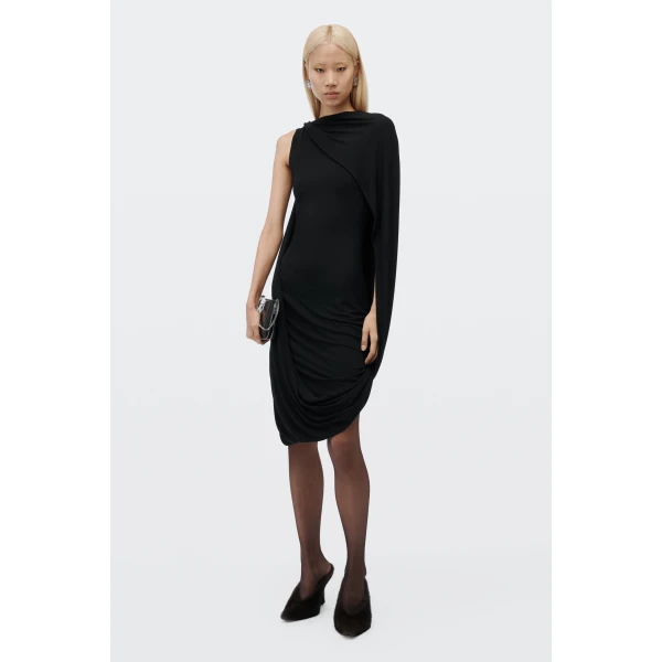 Alexander Wang Asymmetric Drape Midi Dress in Black | Midi Dresses | Luxury Shoes 