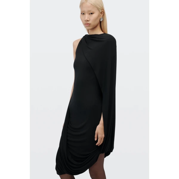 Alexander Wang Asymmetric Drape Midi Dress in Black | Midi Dresses | Luxury Shoes 