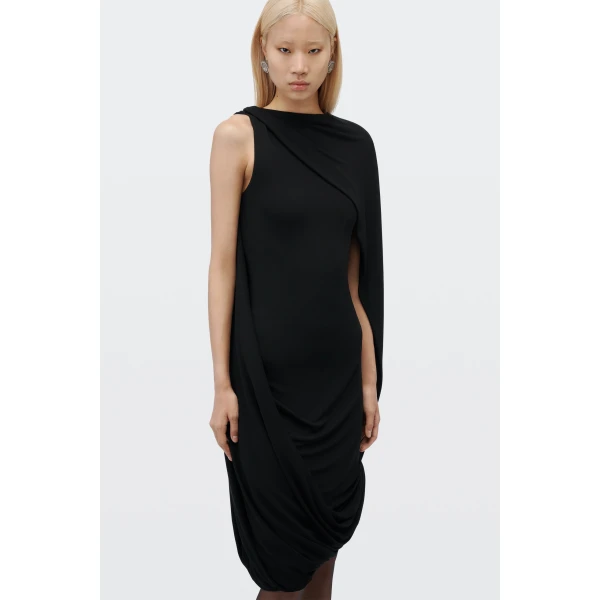 Alexander Wang Asymmetric Drape Midi Dress in Black | Midi Dresses | Luxury Shoes 