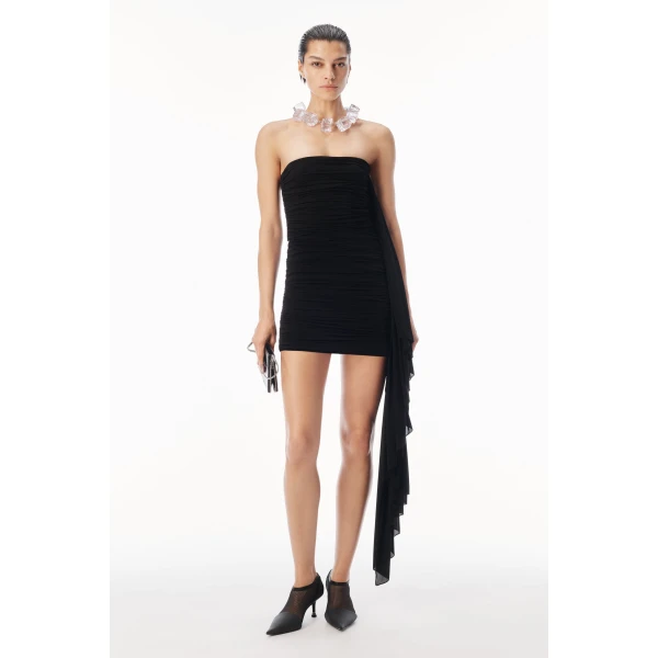 Alexander Wang Asymmetric Ruched Strapless Mini Dress in Black | Mini Dresses | Luxury Shoes 