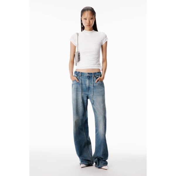 Alexander Wang Balloon Crystal Hotfix Drawcord Jogger in Tinted Medium Indigo | Sweatpants | Luxury Shoes 