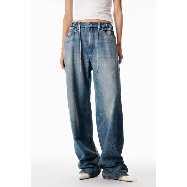Alexander Wang Balloon Crystal Hotfix Drawcord Jogger in Tinted Medium Indigo | Sweatpants | Luxury Shoes 