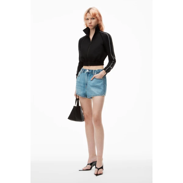 Alexander Wang Balloon Logo-Embossed Denim Marathon Short in Vintage Light Indigo | Denim Shorts | Luxury Shoes 