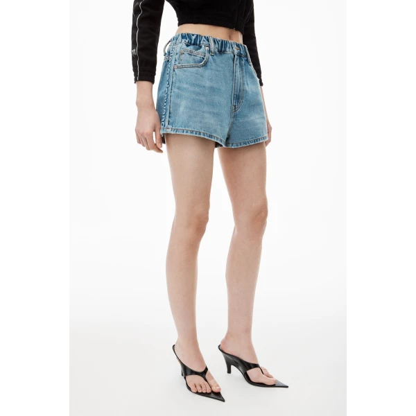 Alexander Wang Balloon Logo-Embossed Denim Marathon Short in Vintage Light Indigo | Denim Shorts | Luxury Shoes 