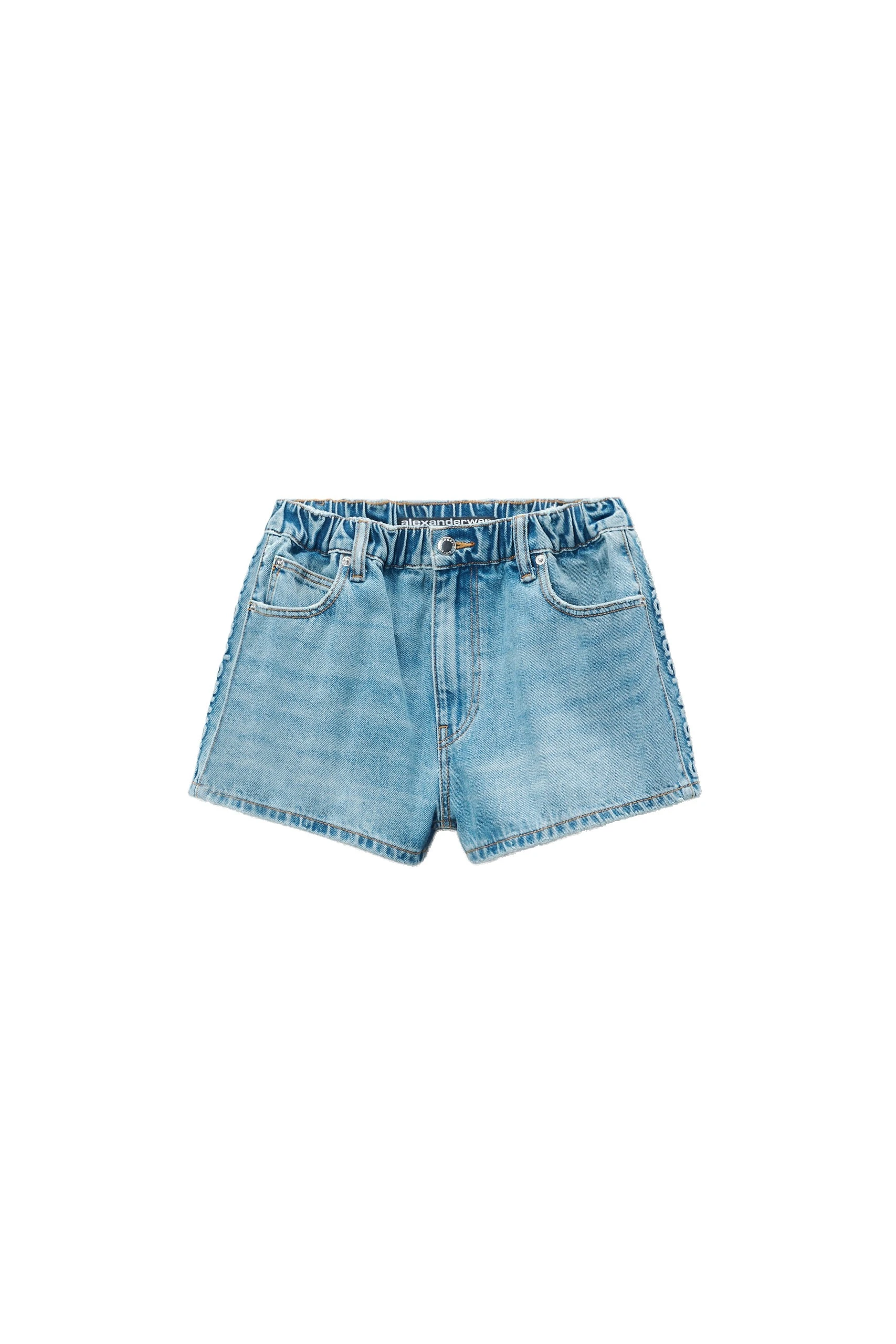 Alexander Wang Balloon Logo-Embossed Denim Marathon Short in Vintage Light Indigo Alexander Wang Balloon Logo-Embossed Denim Marathon Short in Vintage Light Indigo | Luxury Shoes