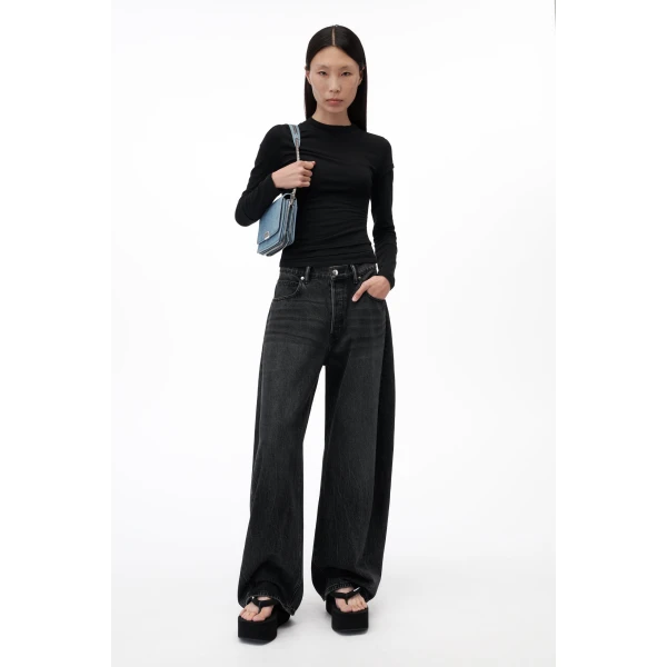 Alexander Wang Blow Up Crystal Hotfix Cursive Logo Pocket Jean in Grey Aged | Denim | Luxury Shoes 