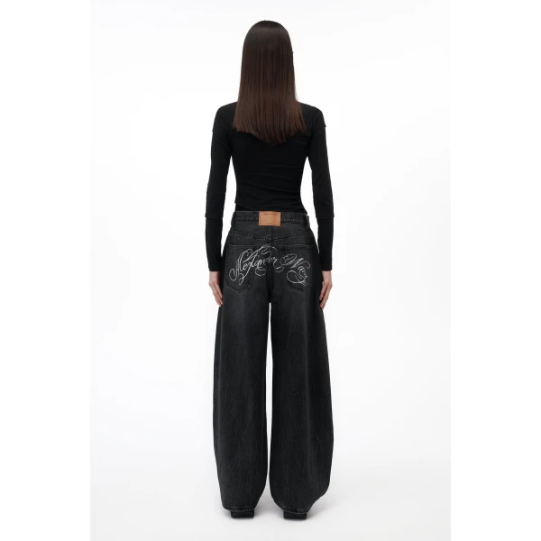Alexander Wang Blow Up Crystal Hotfix Cursive Logo Pocket Jean in Grey Aged | Denim | Luxury Shoes 