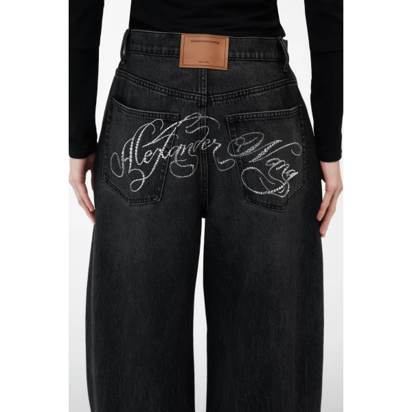 Alexander Wang Blow Up Crystal Hotfix Cursive Logo Pocket Jean in Grey Aged | Denim | Luxury Shoes 