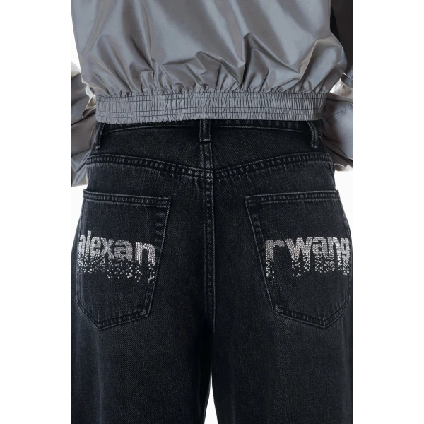 Alexander Wang Blow Up Crystal Hotfix Logo Pocket Jean in Grey Aged | Denim | Luxury Shoes 