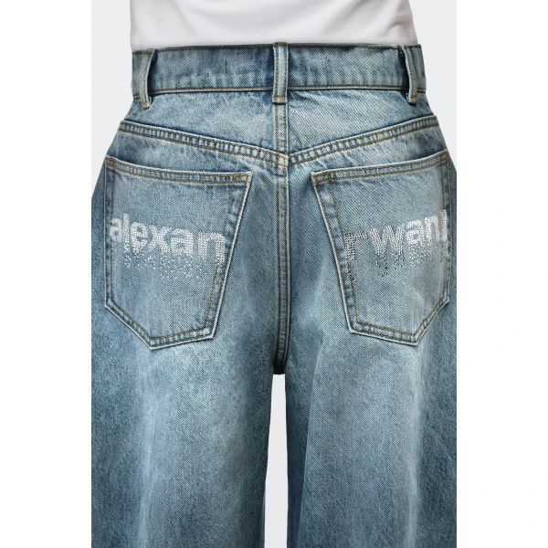 Alexander Wang Blow Up Crystal Hotfix Logo Pocket Jean in Vintage Light Indigo | Denim | Luxury Shoes 