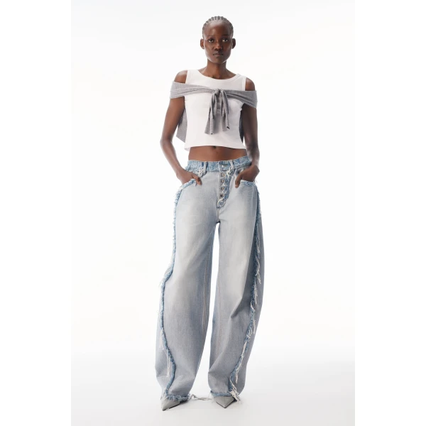Alexander Wang Blow Up Logo-Embossed Mid-Rise Inverted Jean in Inverted Bleach Blue | Denim | Luxury Shoes 