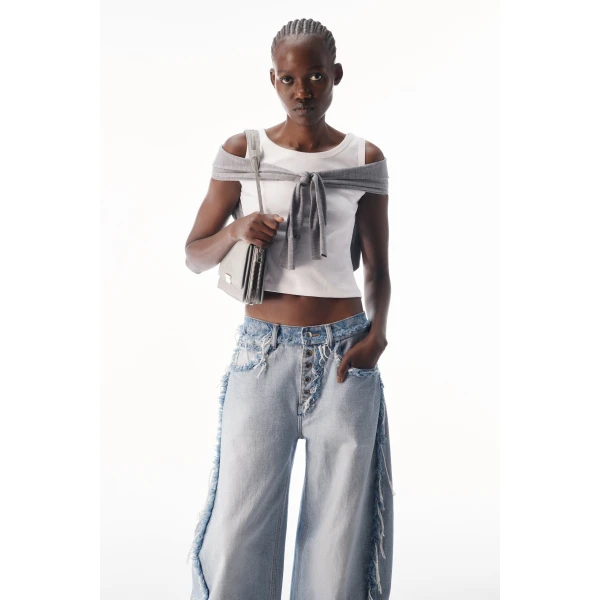 Alexander Wang Blow Up Logo-Embossed Mid-Rise Inverted Jean in Inverted Bleach Blue | Denim | Luxury Shoes 
