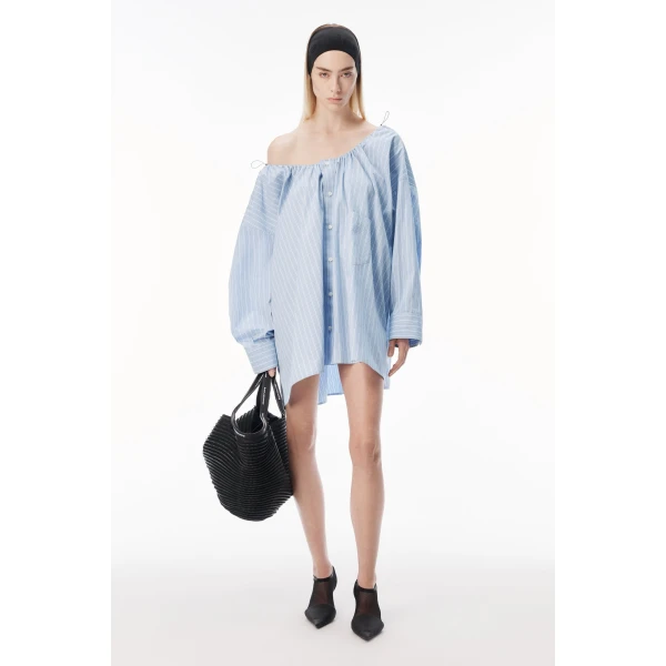 Alexander Wang Bungee Scoop Neck Mini Shirt Dress in Light Blue Stripe | Mini Dresses | Luxury Shoes 