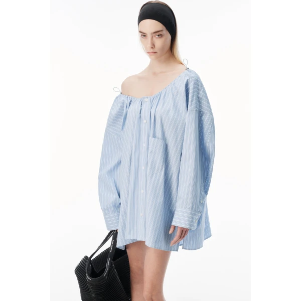 Alexander Wang Bungee Scoop Neck Mini Shirt Dress in Light Blue Stripe | Mini Dresses | Luxury Shoes 