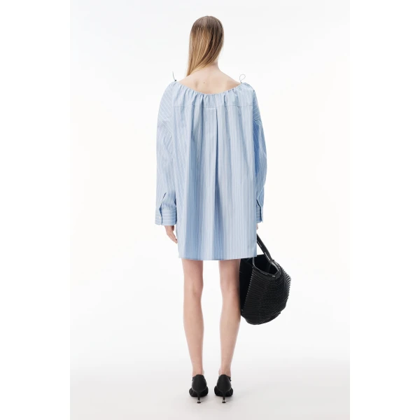 Alexander Wang Bungee Scoop Neck Mini Shirt Dress in Light Blue Stripe | Mini Dresses | Luxury Shoes 