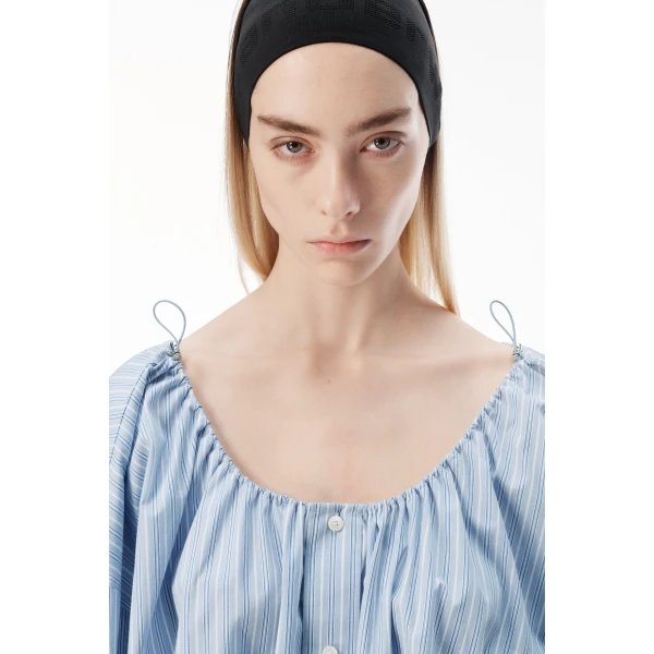 Alexander Wang Bungee Scoop Neck Mini Shirt Dress in Light Blue Stripe | Mini Dresses | Luxury Shoes 