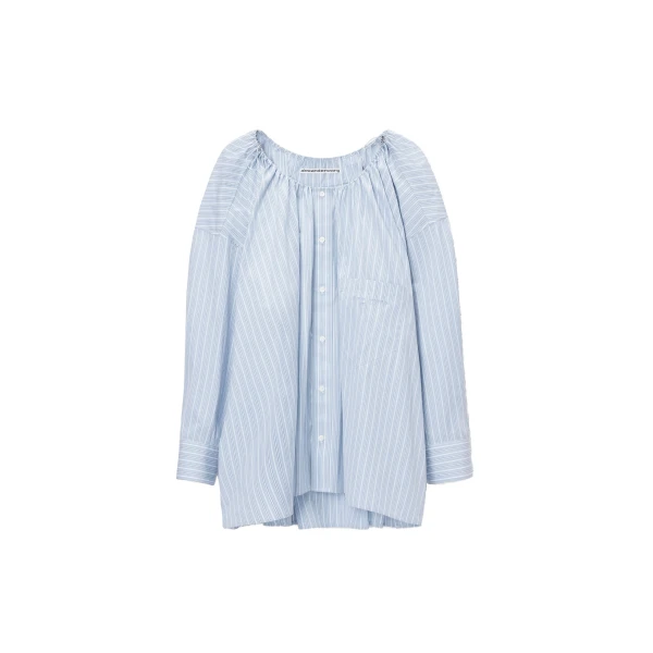 Alexander Wang Bungee Scoop Neck Mini Shirt Dress in Light Blue Stripe | Luxury Shoes 