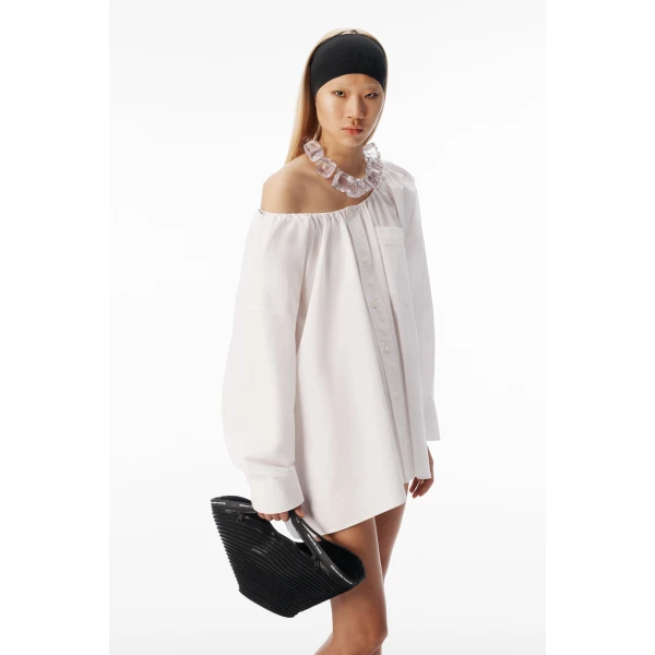 Alexander Wang Bungee Scoop Neck Mini Shirt Dress in White | Mini Dresses | Luxury Shoes 
