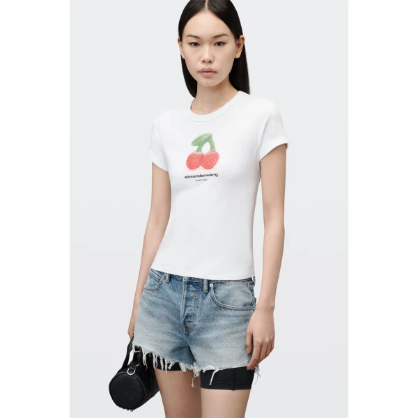 Alexander Wang Cherry Graphic Tee with Contrast Trim in White | T-shirts | Luxury Shoes 
