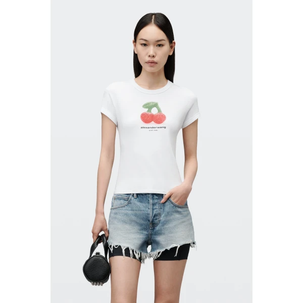 Alexander Wang Cherry Graphic Tee with Contrast Trim in White | T-shirts | Luxury Shoes 