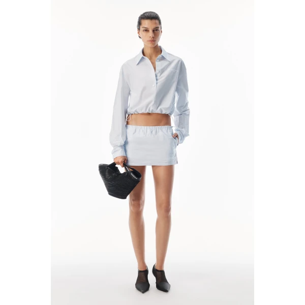 Alexander Wang Cropped Shirt with Adjustable Drawcord Hem in White and Blue Stripe | Shirts | Luxury Shoes 