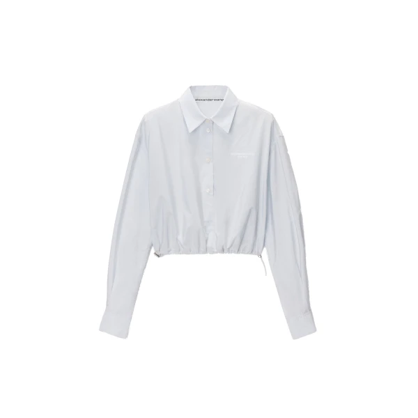 Cropped Shirt with Adjustable Drawcord Hem in White and Blue Stripe