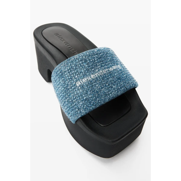 Alexander Wang Crystal Hotfix 85mm Denim Platform Slide in Vintage Medium Indigo | Flip Flops & Slides | Luxury Shoes 