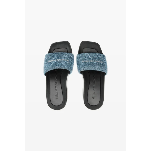 Alexander Wang Crystal Hotfix 85mm Denim Platform Slide in Vintage Medium Indigo | Flip Flops & Slides | Luxury Shoes 