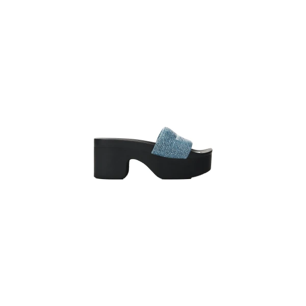 Alexander Wang Crystal Hotfix 85mm Denim Platform Slide in Vintage Medium Indigo | Luxury Shoes 