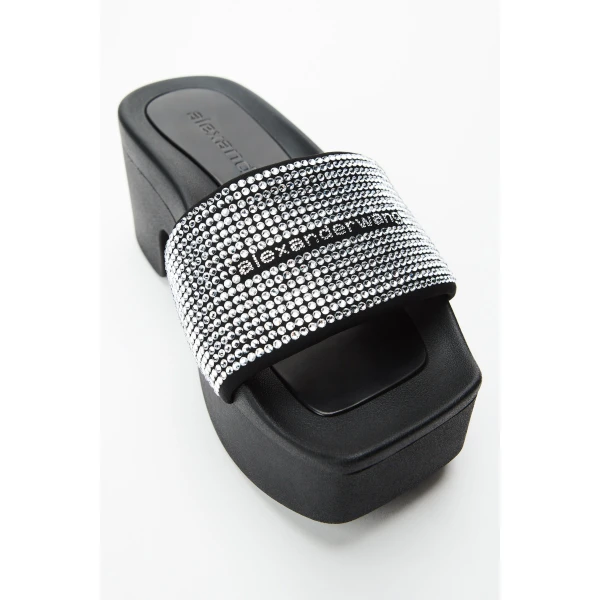 Alexander Wang Crystal Hotfix 85mm Platform Slide in Black and Silver | Flip Flops & Slides | Luxury Shoes 