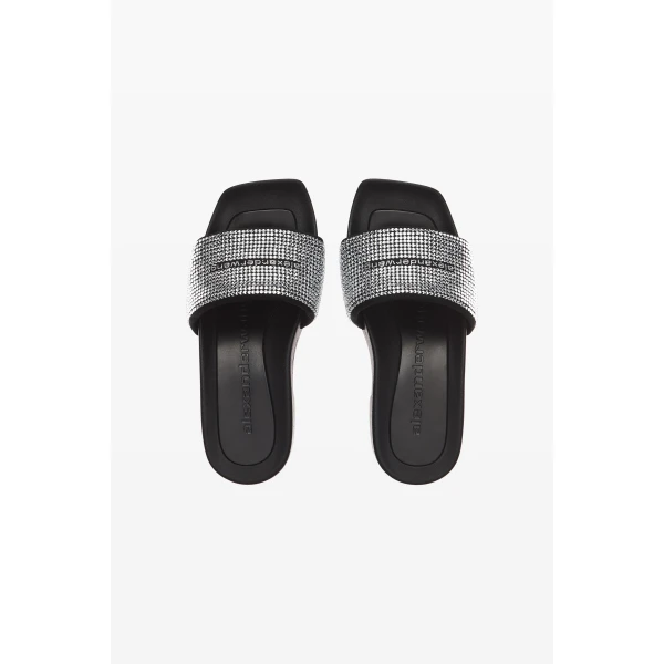 Alexander Wang Crystal Hotfix 85mm Platform Slide in Black and Silver | Flip Flops & Slides | Luxury Shoes 