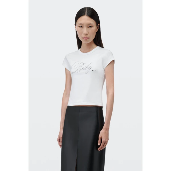 Alexander Wang Crystal Hotfix Baby Graphic Fitted Tee in White | T-shirts | Luxury Shoes 