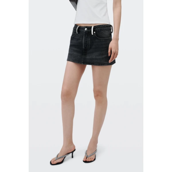 Alexander Wang Crystal Hotfix Belt Loop Denim Mini Skort in Grey Aged | Denim Skirts | Luxury Shoes 