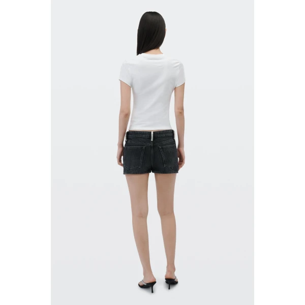 Alexander Wang Crystal Hotfix Belt Loop Denim Mini Skort in Grey Aged | Denim Skirts | Luxury Shoes 