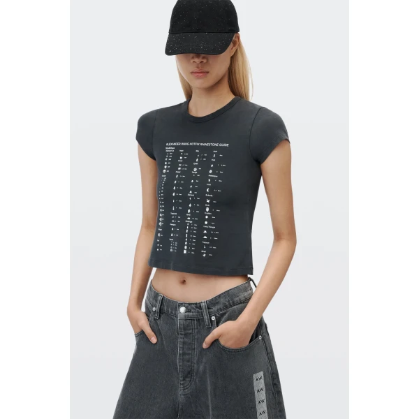 Alexander Wang Crystal Hotfix Card Graphic Fitted Tee in Washed Black | T-shirts | Luxury Shoes 