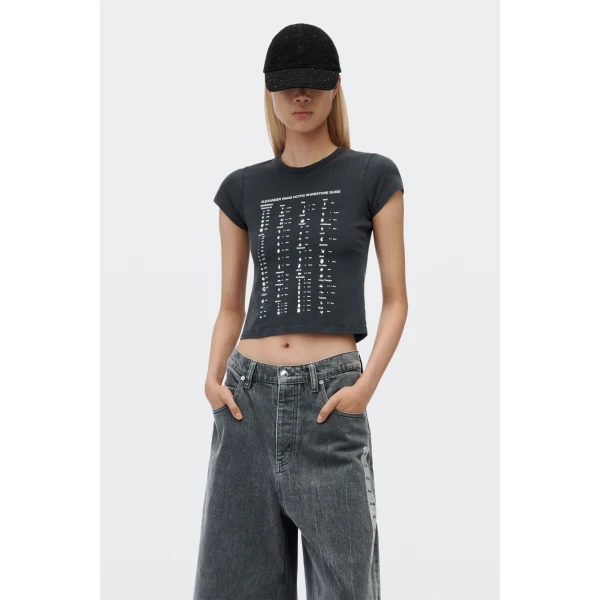 Alexander Wang Crystal Hotfix Card Graphic Fitted Tee in Washed Black | T-shirts | Luxury Shoes 