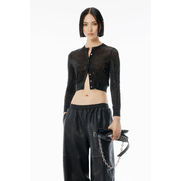 Alexander Wang Crystal Hotfix Cropped Cardigan in Black | Cardigan | Luxury Shoes 