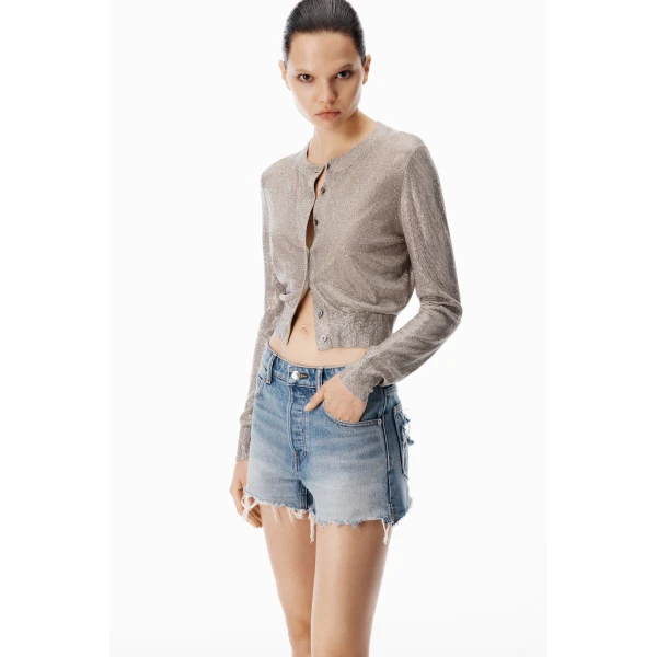Alexander Wang Crystal Hotfix Cropped Cardigan in Champagne | Cardigan | Luxury Shoes 