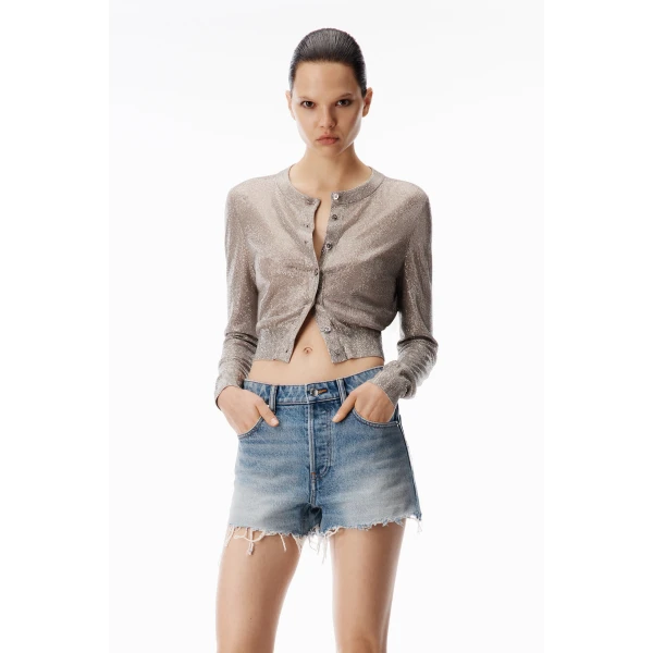 Alexander Wang Crystal Hotfix Cropped Cardigan in Champagne | Cardigan | Luxury Shoes 