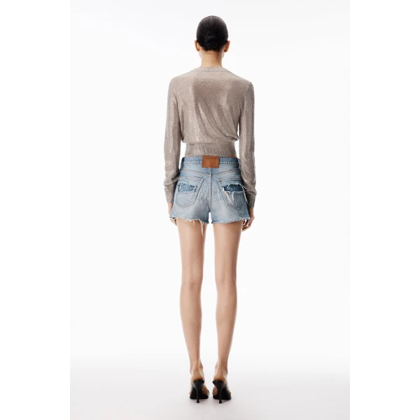 Alexander Wang Crystal Hotfix Cropped Cardigan in Champagne | Cardigan | Luxury Shoes 