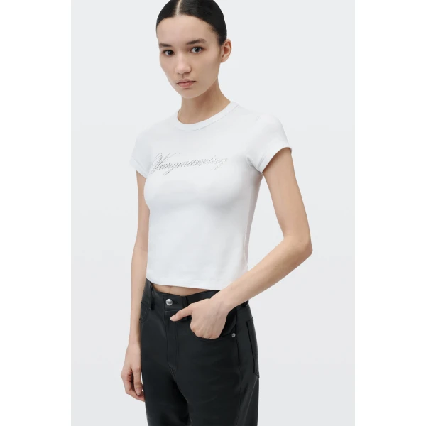 Alexander Wang Crystal Hotfix Cursive Logo Fitted Tee in White | T-shirts | Luxury Shoes 