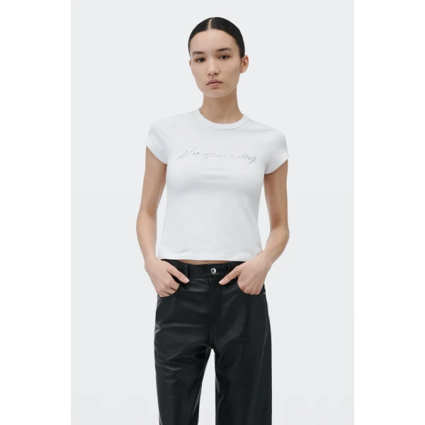 Alexander Wang Crystal Hotfix Cursive Logo Fitted Tee in White | T-shirts | Luxury Shoes 