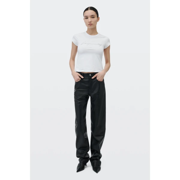 Alexander Wang Crystal Hotfix Cursive Logo Fitted Tee in White | T-shirts | Luxury Shoes 