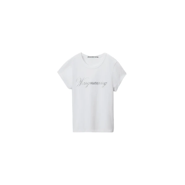 Alexander Wang Crystal Hotfix Cursive Logo Fitted Tee in White | Luxury Shoes 