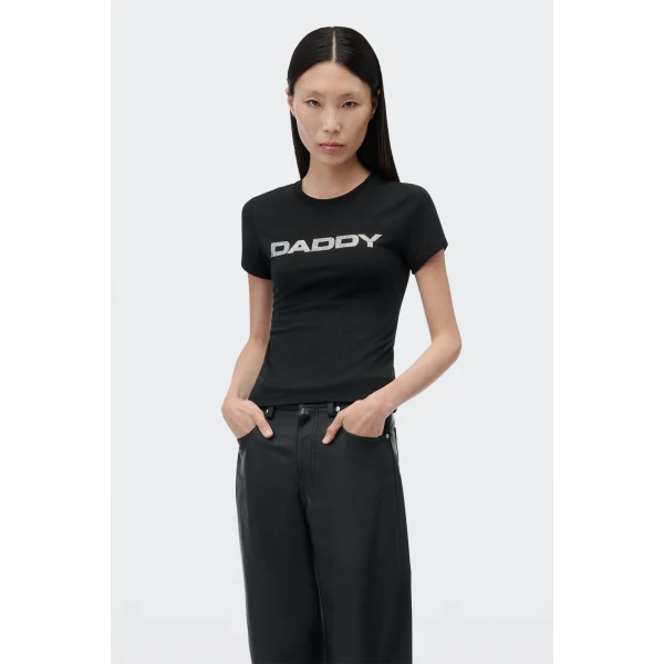 Alexander Wang Crystal Hotfix Daddy Graphic Fitted Tee in Black | T-shirts | Luxury Shoes 