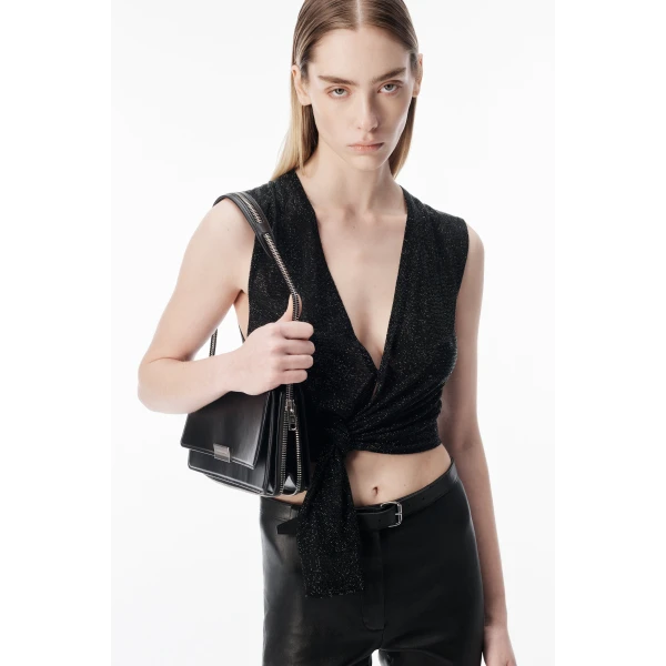 Alexander Wang Crystal Hotfix Deep V-Neck Knotted Tank in Black | Sleeveless | Luxury Shoes 