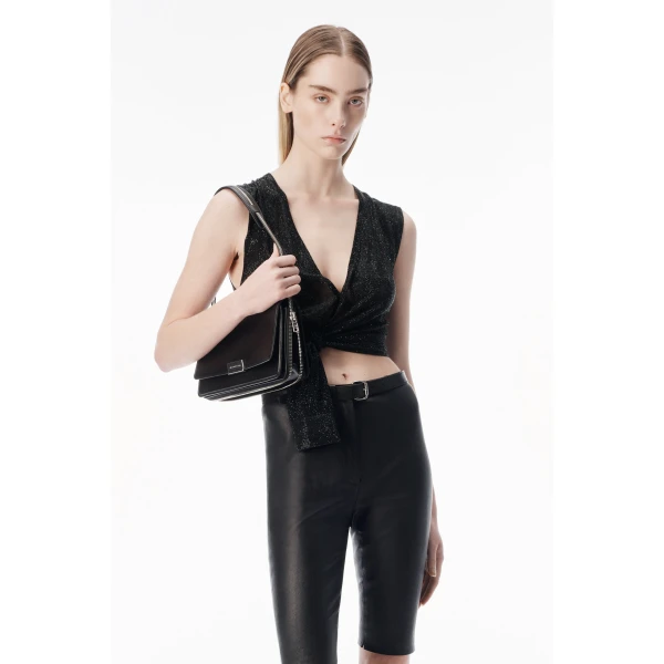 Alexander Wang Crystal Hotfix Deep V-Neck Knotted Tank in Black | Sleeveless | Luxury Shoes 