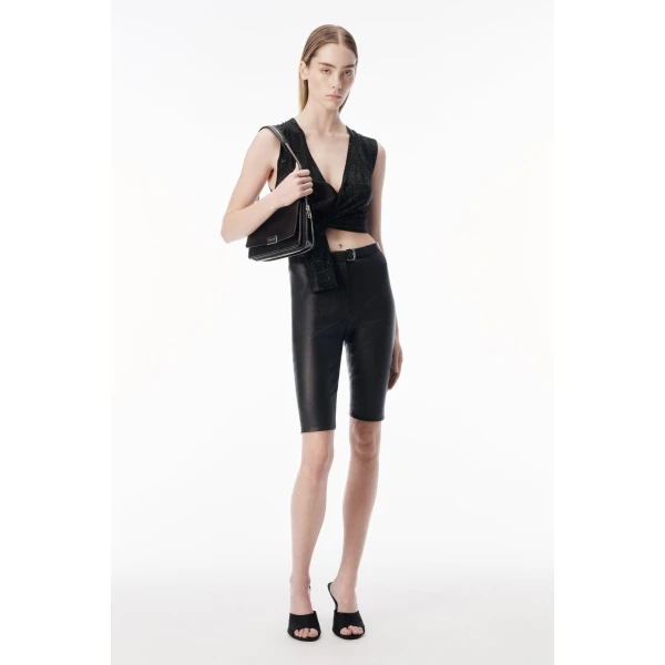 Alexander Wang Crystal Hotfix Deep V-Neck Knotted Tank in Black | Sleeveless | Luxury Shoes 