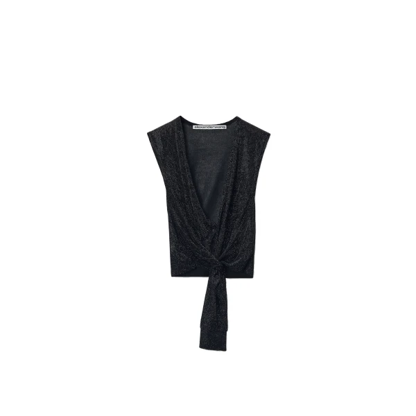 Alexander Wang Crystal Hotfix Deep V-Neck Knotted Tank in Black | Luxury Shoes 