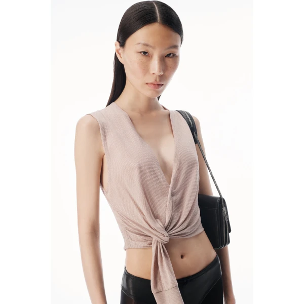Alexander Wang Crystal Hotfix Deep V-Neck Knotted Tank in Nude | Sleeveless | Luxury Shoes 